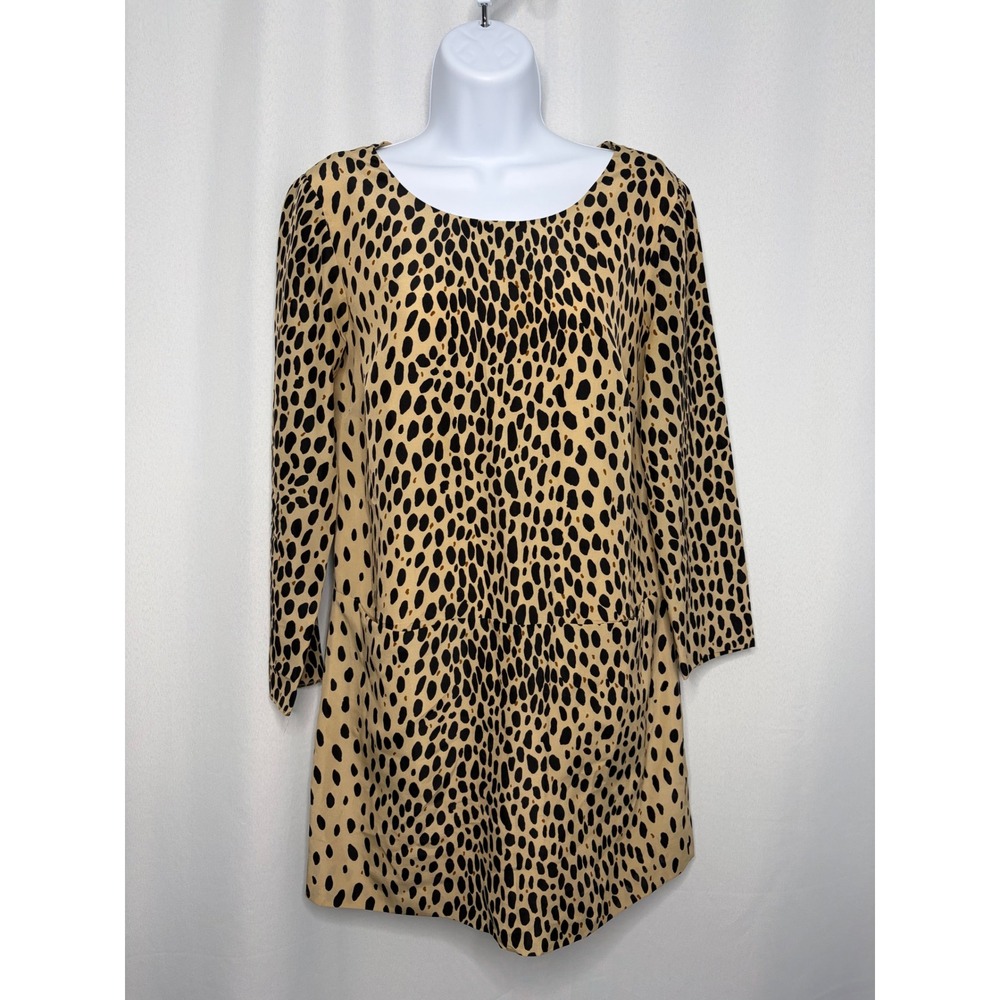 J.Crew Womens Leopard Print 3/4 Sleeve Shift Dress Tan Black Sz 0‎ Retro Cheetah
